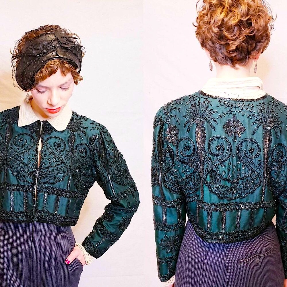 Laurence Kazar VTG Beaded Cropped Silk Bolero Evening Dress Jacket, XLP